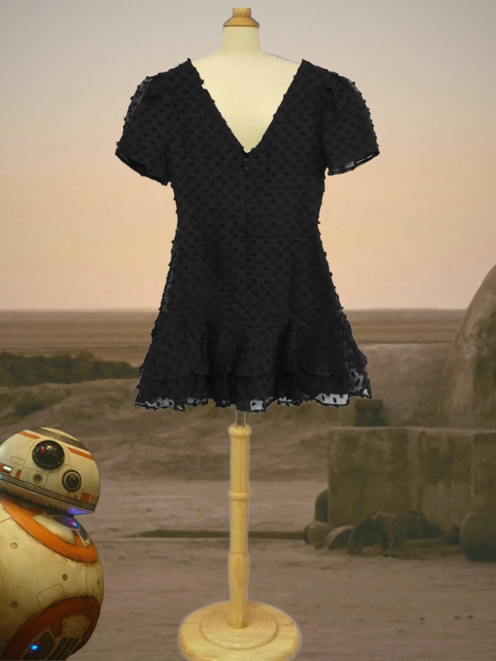 Black Textured V-Neck Ruffle Mini Dress - Picture 4 of 4